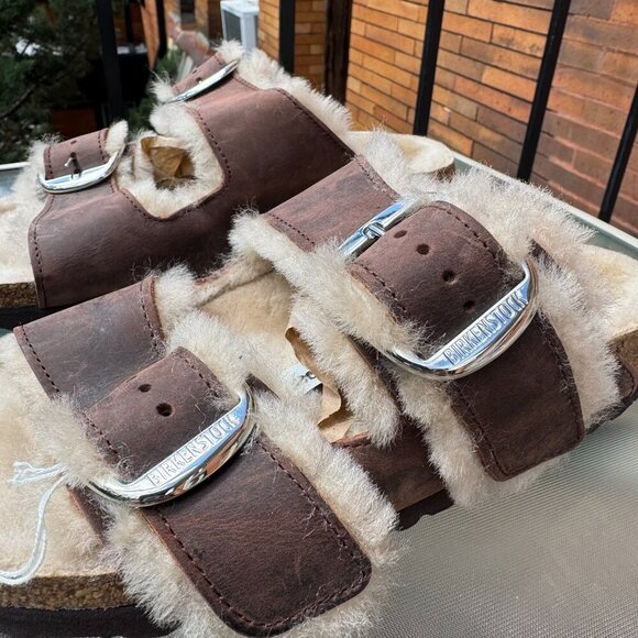 New Birkenstock Arizona Big Buckle Shearling Sandals Leather Brown US 8 / EUR 39 - Picture 6 of 14